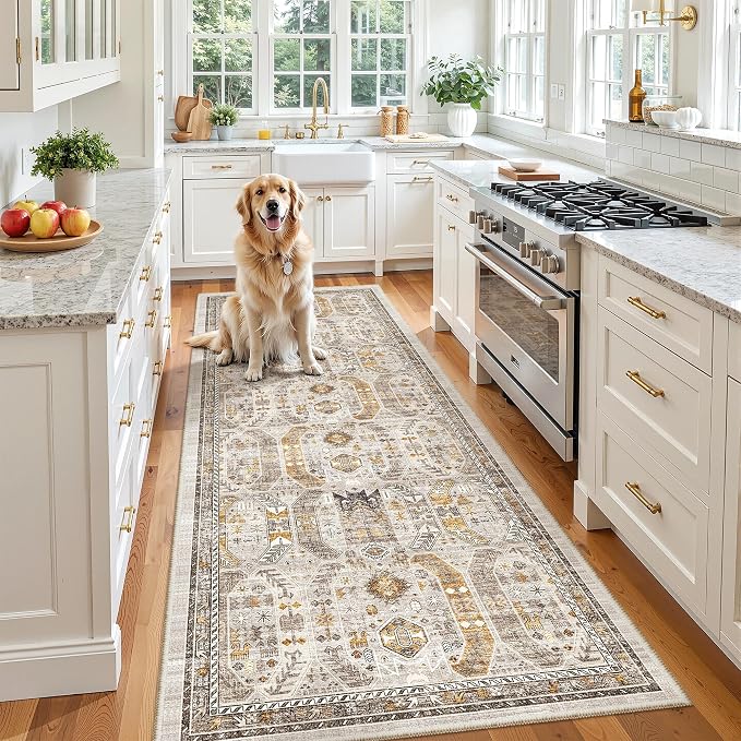 Madane Hallway Runner 3x8, Kitchen Rugs Washable Entry Rug, Brown/Gold | Vintage Non Slip Entryway Indoor Area Rugs, Soft Low-Pile Farmhouse Wide Carpet Runners for Bathroom Living Room Bedroom