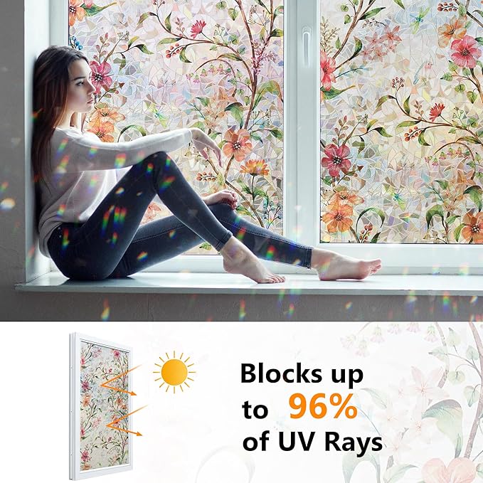 Ranzdn Window Privacy Film - Stained Glass Window Film Static Cling UV & Heat Blocking Rainbow Window Film for Glass Doors, Bedroom Windows - No Glue Premium Vinyl (Easy Install, 45.2"×157.4")