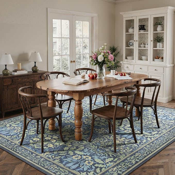 GENIMO 8x10 Washable Area Rugs for Living Room, Non Slip, Dark Blue | Vintage Boho Floral Low Pile Thin Carpet for Bedroom, Dining Room, Nursery, Indoor Decor
