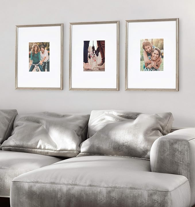 Kate and Laurel Adlynn Wall Picture Frame Set, 16" x 20" matted to 8" x 10", Warm Silver, Set of 3