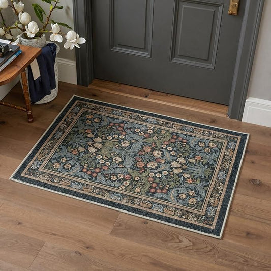 GENIMO 2x3 Washable Kitchen Rug, Non Slip Indoor Door Mat, Center Blue | Vintage Boho Floral Low Pile Entryway Mat for Bathroom, Front Door and Laundry Room