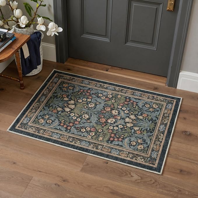 GENIMO 8x10 Washable Area Rugs for Living Room, Non Slip, Center Blue | Vintage Boho Floral Low Pile Thin Carpet for Bedroom, Dining Room, Nursery, Indoor Decor