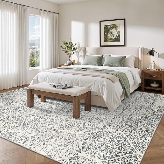 Soalmost 8x10 Area Rugs for Living Room, Washable Moroccan Trellis Soft Rug | Stain Resistant Non-Slip Low Pile Natural Large Carpet for Dining Room Bedroom Home Office Nursery Grey, 8'x10'
