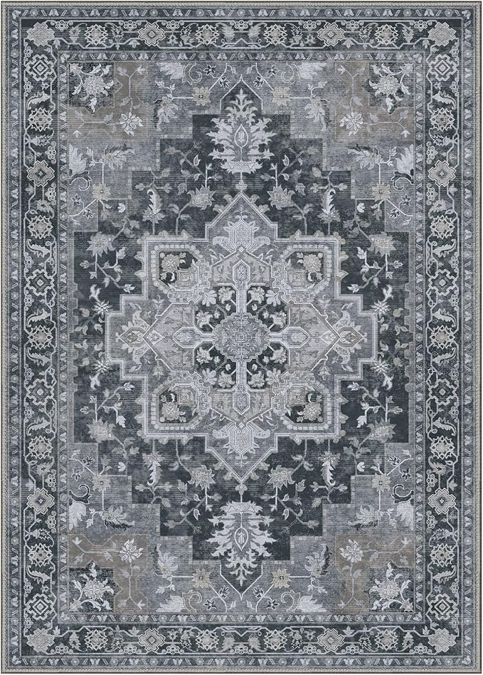 GENIMO 8x10 Area Rugs for Living Room, Machine Washable Non Slip Vintage Rugs, Low Pile Lightweight Print Rug for Bedroom, Dining Room, Home Office,Dark Gray