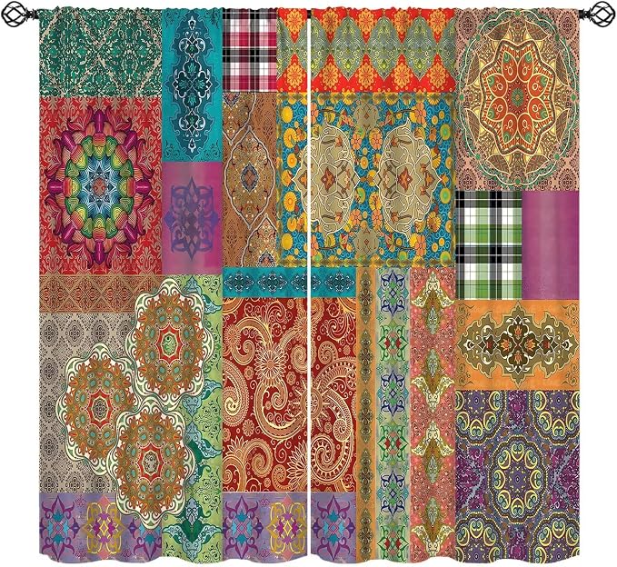 Patchwork Floral Boho Blackout Curtains Vintage Style Colorful Patchwork Design Pattern Art Print Window Drapes for Bedroom Living Room Kitchen Cafe （W42xL84 Inch） x2 Panels