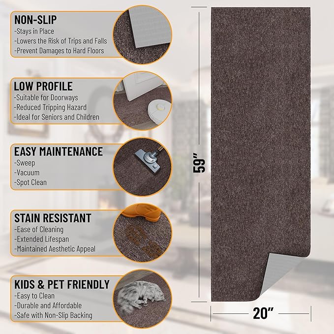 Ottomanson 20" x 59" Ultra-Thin Hallway Runner Rug - Durable Non-Slip Carpet for High-Traffic Areas - Fits Under Doors for Seamless Entry - Ideal for Kitchen, Entryway, Bedroom & Living Room, Brown