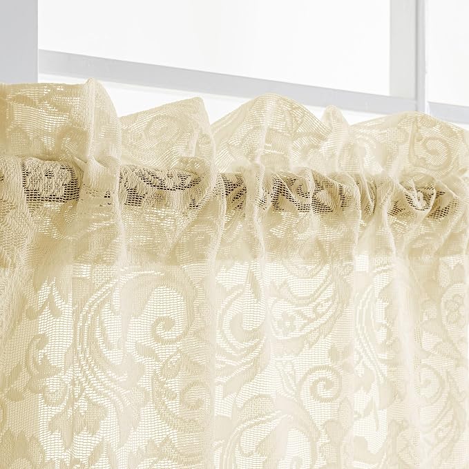 ALIGOGO Beige Cafe Curtains 24 Inch Length - Cottage Sheer Floral Mini Curtains for Small Window, Rod Pocket Privacy Short Vintage Decor for Kitchen Cabinet Bistro, 2 Panels, 26W x 24L Inch