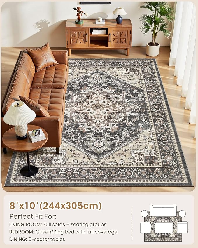 8x10 Vintage Area Rug: Washable Neutral Soft Non Slip Thin Large Floor Carpet for Living Room Bedroom Kitchen Dining Room Home Office Farmhouse Indoor - Black