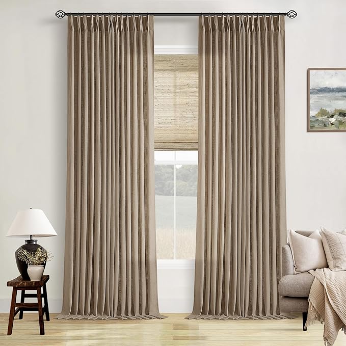 TWODRAPES Pleated Linen Curtains 96 Inches Long Living Room 2 Panel Set Semi Sheer Light Filtering Pinch Pleat Rings Hooks Drapes Boho Farmhouse Rustic Light Brown Tan Latte Curtain Bedroom Window