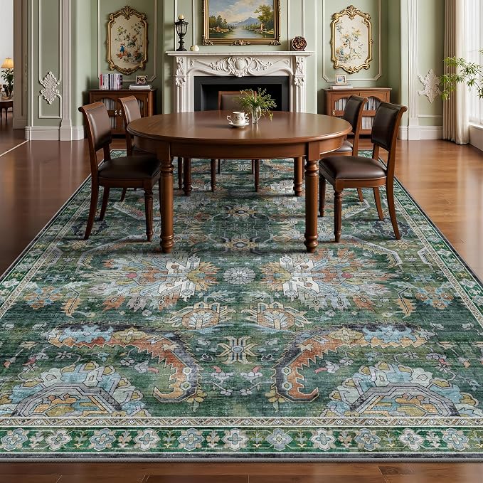 9x12 Area Rug, Vintage Retro Soft Washable Rug, Non-Slip Low Pile Rugs for Living Room, Bedroom, Dining Room, Stain Resistant Home Decor Rug (Green)