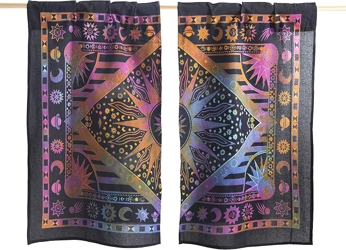 Popular Handicrafts Indian Burning Sun Hippie Mandala Kitchen Window Curtains - Gypsy Tye Dye Bohemian Sun Moon Beautiful Drapery Bedroom Living Room Balcony Valance Panels Purple
