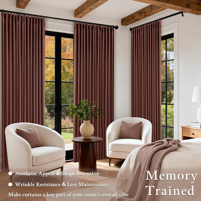 Chestnut Brown Linen Pinch Pleated Blackout Curtains 108 Inches Long for Bedroom Pleated 100% Black Out Drapes with Liner Rust Farmhouse Country Extra Long 108 Inch Curtain for Living Dining Room