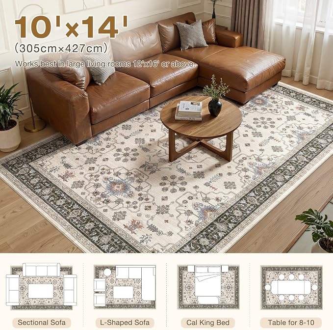 10x14 Area Rugs for Living Room - Large Carpet Ultra Thin Soft Washable Oriental Vintage Floral Distressed Big Indoor Carpets for Bedroom Nursery Dorm Home Decor Aesthetic - Brown Black