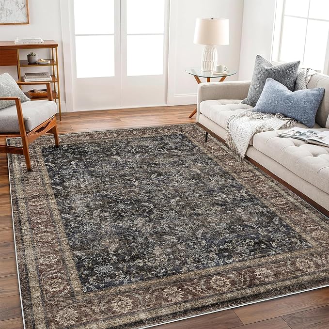CHAMPLANT Washable Area Rug 3'x5' Vintage Traditional Floor Cover Foldable Thin Rugs Retro Kitchen Indoor Distressed Non Slip Carpet Floral Print Mat Bedroom Living Room