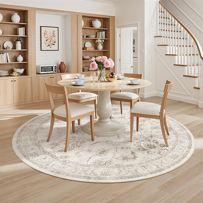 Madane Washable Round Rug 8ft for Living Room, Soft Ultra-Thin Non-Slip Vintage Floral Circle Area Rug, 8x8 Round Throw Carpet for Dining Room Nursery Bedroom Kitchen (Brown/Ivory, 8'Round)