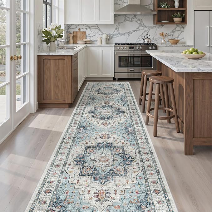 Madane Hallway Runner Rug 2'6''x10' Blue, Washable Vintage Kitchen Runners | Non-Slip Rugs 10ft for Laundry Room, Entryway and Bedroom, Soft Low Pile Stain-Resistant Wide 2.5x10 Ft Floor Carpet