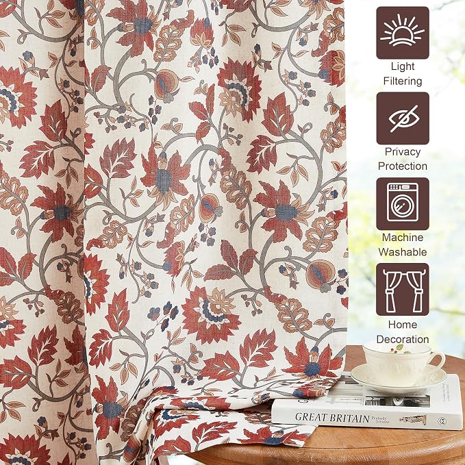 Vision Home Red Floral Pinch Pleat Light Filtering Curtains, Linen Pleated Lined Cottage Drapes Back Tab Hooks for Living Room Bedroom, Vine Botanical Jacobean Print Panels 40x90 Inch Set of 2