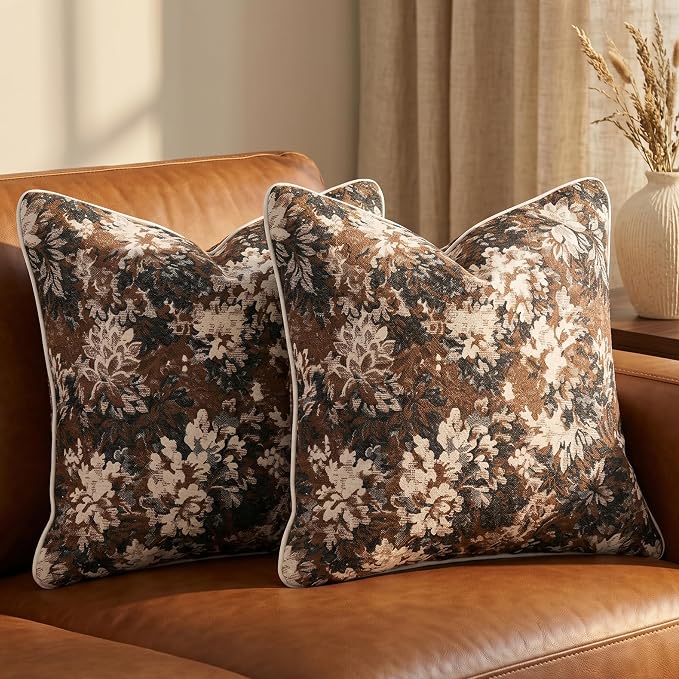 Vintage Floral Throw Pillow Covers 18x18 Inches Set of 2 Boho Farmhouse Pillow Cases Premium Chenille Textured Decorative Cushion Covers for Couch Retro Garden Farmhouse Style Brown