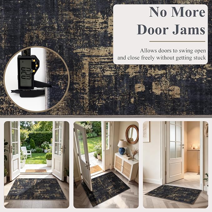 Sasttie 2x3 Area Rug for Entryway, Washable Modern Abstract Small Carpet for Living Room Bedroom Door-mat, Soft Entry Rug with Non-Slip Backing, Black and Gold