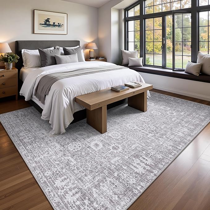 5x7 Area Rugs, Washable Vintage Retro Floral Rug for Living Room, Low Pile Non Slip Distressed Large Carpet for Bedroom, Dining Room, Office, Home (Vintage Purple Grey)