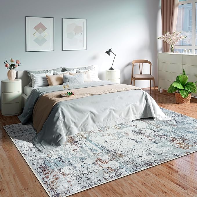 GLN Rugs Contemporary Collection - Machine Washable Area Rug, Contemporary Washable, Non Slip, Low Pile Chenille Rug, Living Room, Bedroom, Kitchen Rug (8' x 10' White/Grey/Blue/Brown)