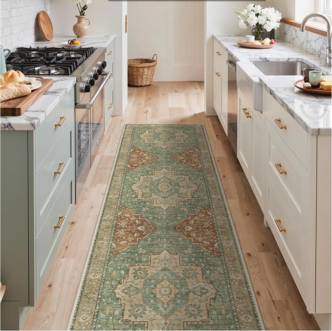 GENIMO Runner Rug 2'6"x6 Machine Washable Non Slip Vintage Hallway Runner Rug, Low Pile Lightweight Rugs for Indoor Entryway, Hallway, Kitchen and Corridor, Reddish Brick & Light Green