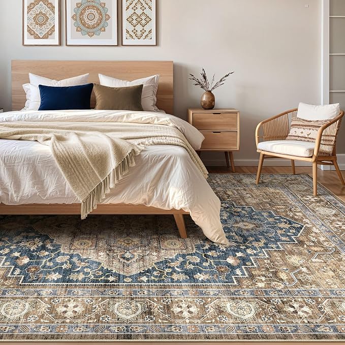 7x10 Area Rug Living Room: Washable Boho Large Neutral Vintage Soft Rugs Stain Resistant Farmhouse Non-Slip Indoor Floor Carpet for Bedroom Nursery Kids Office Dining Room Playroom- Yellow Blue