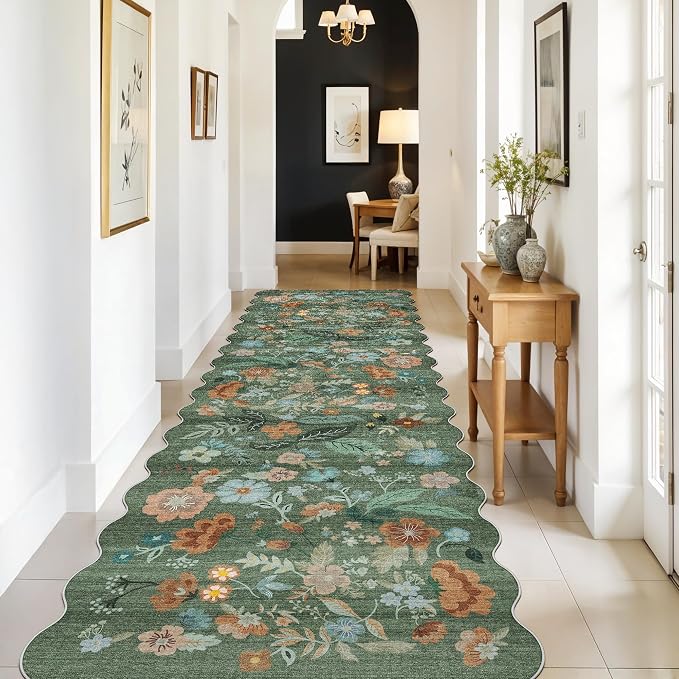 Washable 3x10 Hallway Runner Rug: Floral Scalloped Soft Runners for Entryway Kitchen Nursery Non Slip Bathroom Floor Mat Water Resistant Light Weight Carpet for Living Room Bedroom (3x10 Floral/Green)
