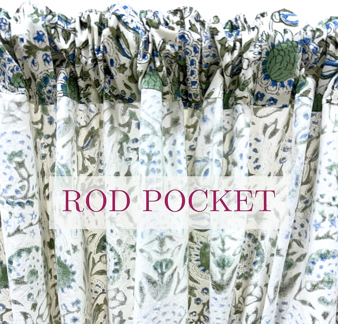 ATOSII 100% Cotton Single Panel Floral Block Print Curtain, Easy Hanging with Rod Pocket & Loop, Living Room, Dining Room, Bedroom Light Filtering Boho Curtains, Set of 1, 60" W X 84" L, Clover Blue