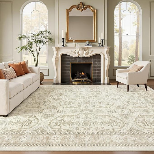 Soalmost Washable Area Rug 8x12, Large Soft Rugs for Living Room Vintage Beige/Brown Carpet 8x12 Area Rugs for Bedroom Dining Room Non-Slip Stain Resistant Under Table Rug