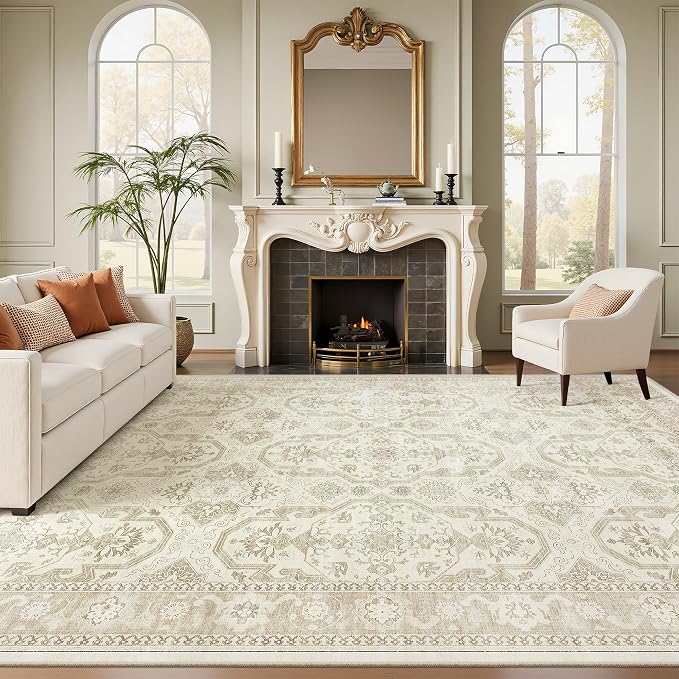 Soalmost Area Rug 10x12 Vintage Washable Living Room Large Carpet Non Slip Bedroom Indoor Office Dining Room Low Pile Thin Rug Beige/Brown