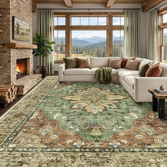 RELEANY Area Rugs Large 9'x12' Washable Non-Slip, Floral Vintage Distress Medallion Carpet for Living Room Bedroom Dining Room, Terracotta Burnt Orange Green