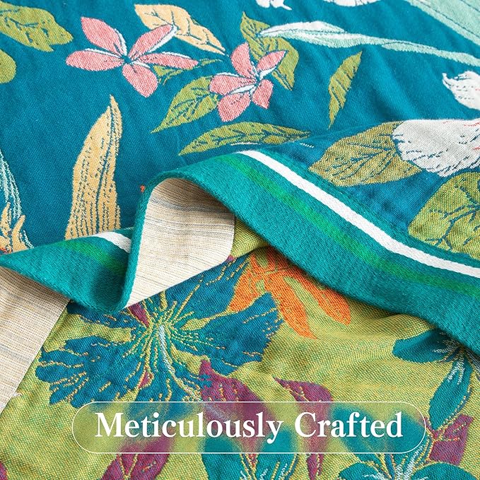 Phuryllic Boho Throw Blanket Full Size, Extra Large Soft Cozy Cotton Muslin Quilt Blanket for Bed Decor, Floral Patterned Couch Sofa Chair Cover, Vintage Farmhouse Cottage Woven Blanket, Teal&Green