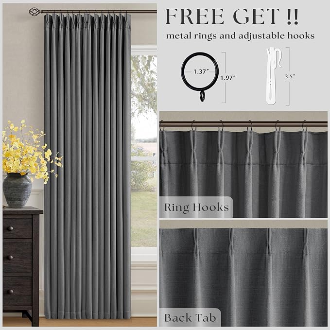 Dark Gray Linen Blackout Pleated Curtains 90 Inches Long for Living Room Darkening Pinch Pleat 100% Black Out Drapes Thermal Insulated Soundproof Charcoal Grey 90 Inch Curtain for Dining Bedroom