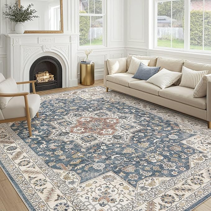 Vintage Living Room Area Rug 6x9 - Large Soft Washable Oriental Traditional Distressed Farmhouse Rugs for Bedroom - Indoor Floor Accent Carpet for Home Office House Decor - Vintage Blue
