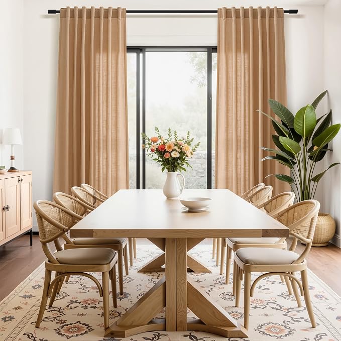 Aersas 102 Inches Camel Linen Curtains for Living Room Bedroom Semi Sheer Privacy Cotton Textured Drapes Light Filtering Sliding Glass Door Curtain Farmhouse Rustic Decorations 52x102