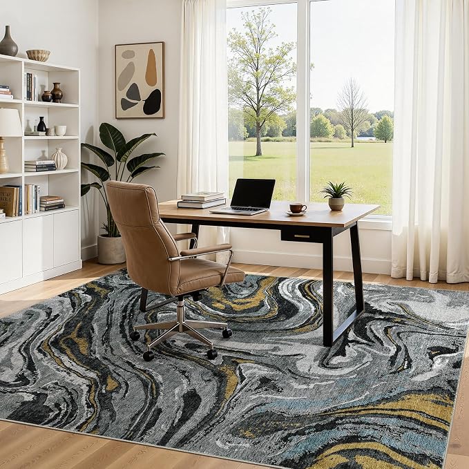 DMOYEST 5x7 Area Rug for Living Room - Washable Neutral Modern Abstract Rugs Soft Non-Slip Carpet Low Pile Indoor Floor Mat for Bedroom & Dining Room Decor for Families with Kids and Pet-Black Golden