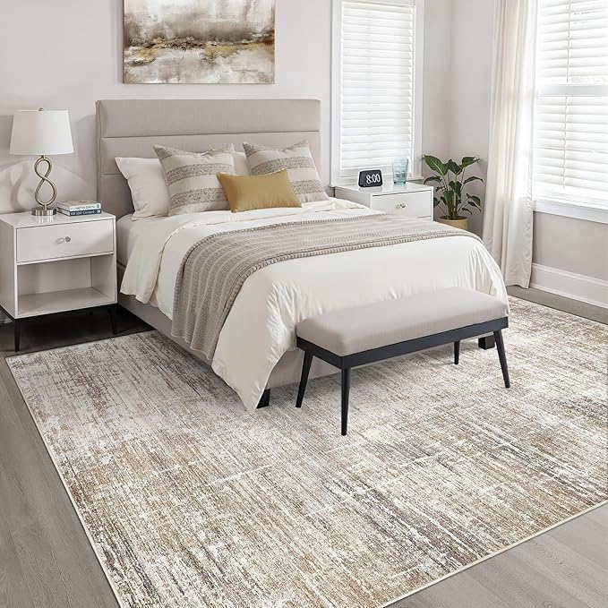 7x9 Area Rug Living Room: Washable Large Neutral Rug Abstract Soft Modern Stain Resistant Indoor Floor Non-Slip Carpet for Bedroom Nursery Kids Office Playroom Dining Room Under Table- Dark Brown