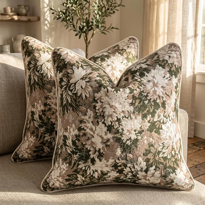Vintage Floral Throw Pillow Covers 20x20 Inches Set of 2 Boho Farmhouse Pillow Cases Premium Chenille Textured Decorative Cushion Covers for Couch Retro Garden Farmhouse Style Green