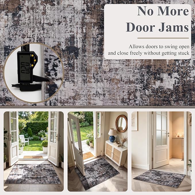 Sasttie 2x12 Soft Runner Rug for Entryway, Modern Abstract Washable Carpet for Hallway, Kitchen and Laundry Room, with Non-Slip Backing, Black and Brown