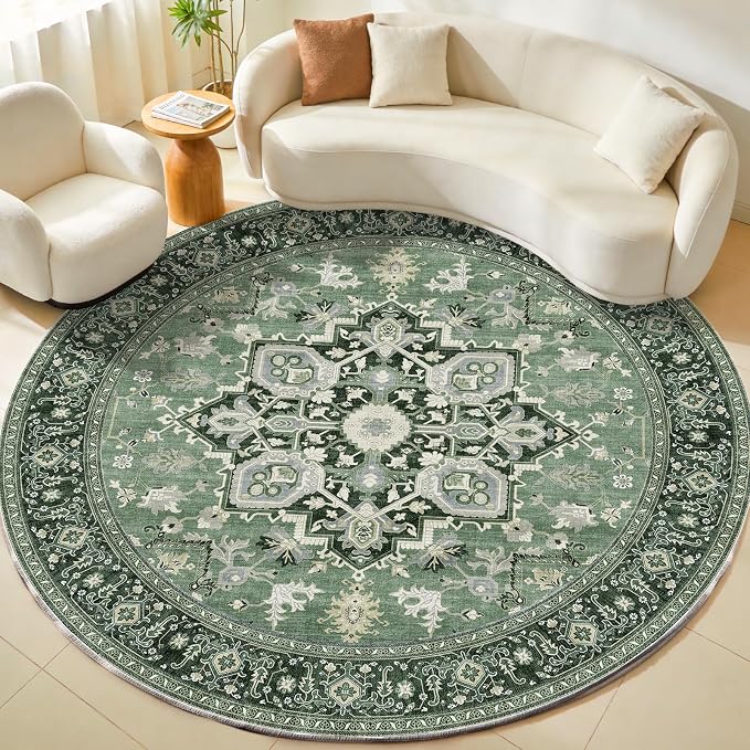 OPPODREAM Soft Round Rug 8ft, Play Room Rug, Washable Circle Rug 8ft with Non Slip Backing, Small Low-Pile Area Rugs 8 ft, Faux Cashmere Throw Carpet, Dark Green