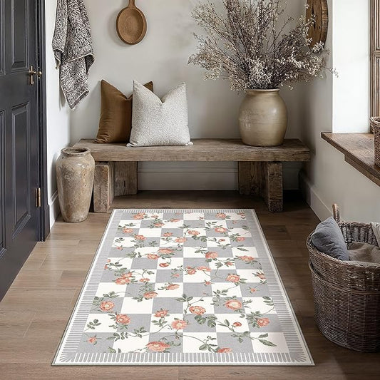 HUGEAR 3x5 Checkered Area Rugs Machine Washable Grey Living Room Rug Floral Print Non-Slip Stain Resistant Low Pile Indoor Throw Carpet for Bedroom Home Unique Aesthetic Modern Decor