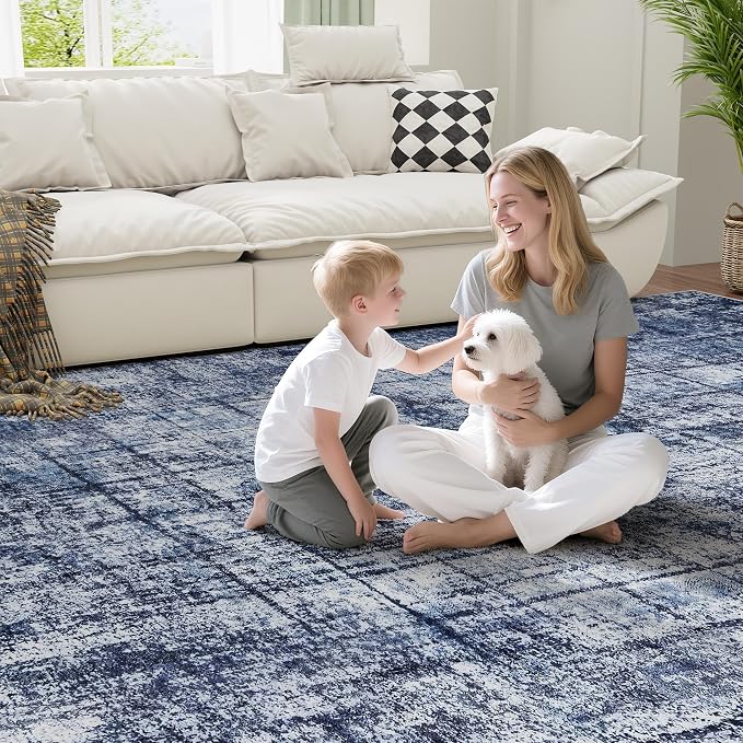 10x14 Area Rugs for Living Room Washable Rug: Anti-Skid Abstract Modern Living Room Rug Soft Thin Carpets Indoor Floor Non-Shedding Carpet for Bedroom Dining Farmhouse Nursery Navy Light Gray