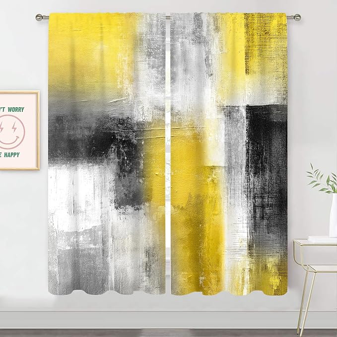 MESHELLY Yellow Grey Curtains 42Wx63H Inch Rod Pocket Abstract Geometric Square Watercolor Blocks Contemporary Oil Paint Bedroom Window Drapes Colorful Aesthetic Printed Living Room Window Treatment