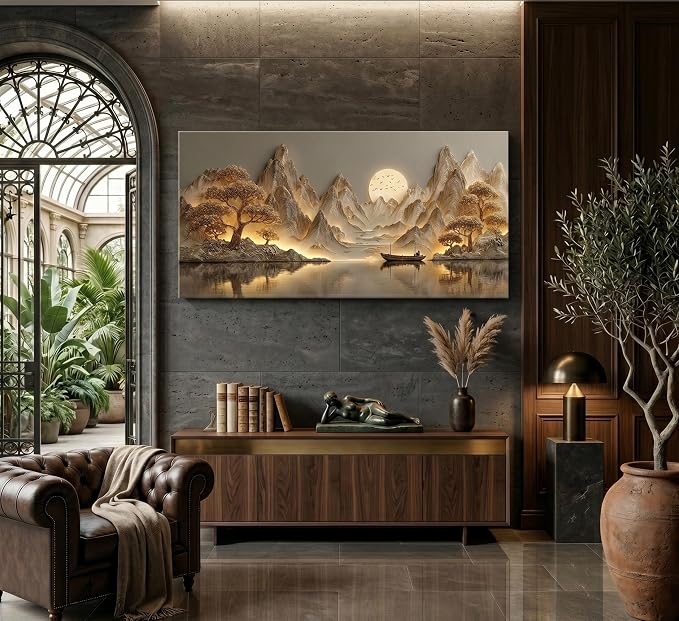 3D Texture Large Landscape Sunrises Sunset Canvas Wall Art Abstract Mountains Lake Tree Painting Picture Wall Decor Modern Nature Scenery Poster Print Artwork for Living Room Office Home Decoration