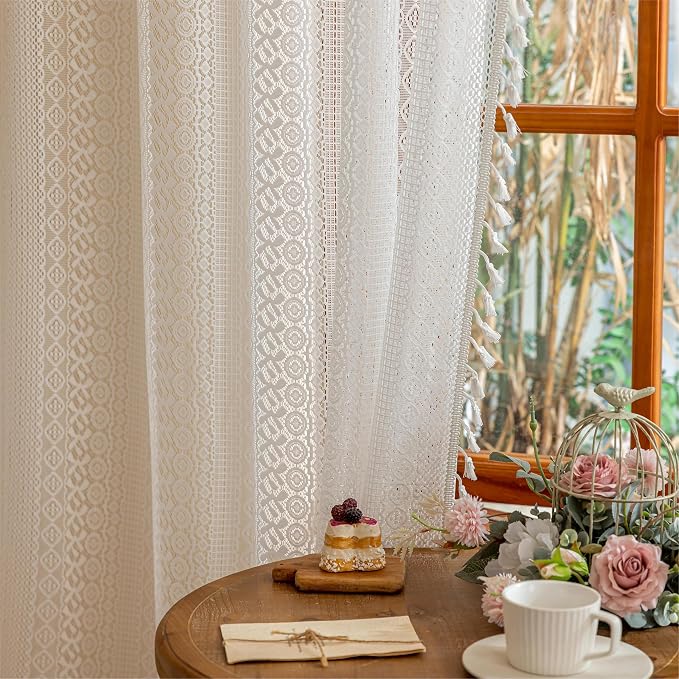 Sutuo Home White Boho Lace Curtains 72 Inches Long for Nursery Bedroom, Sheer Curtains Privacy Crochet Light Filtering Vintage Chic Tassels Bohemian Window Treatments Cream Rod Pocket, 2 Panels 50" W