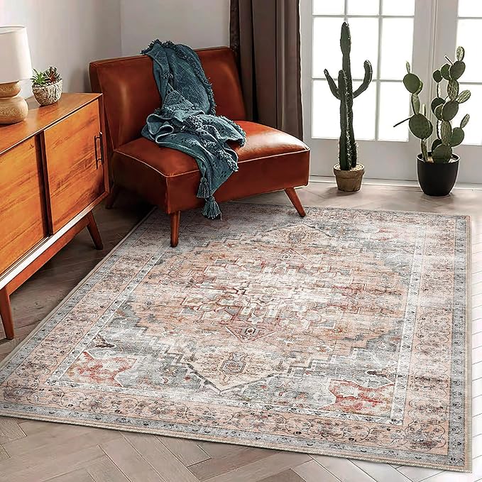 CHAMPLANT Area Rug 6'x9' Light Cyan and Light red Washable Vintage Traditional Floor Cover Thin Retro Kitchen Indoor Distressed Non Slip Carpet for Living Room Bedroom Dining Room