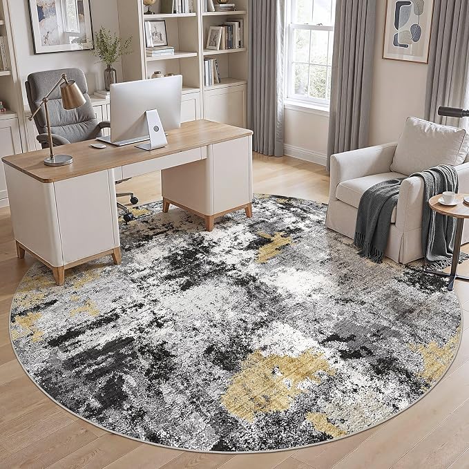 Abstract 10FT Round Rug: Machine Washable Non Slip Ultra Thin Low-Pile Carpet, Soft Stain Resistant for Living Dining Room Bedroom, Kid Pet Friendly, Robot Vacuum Compatible - Black Gold