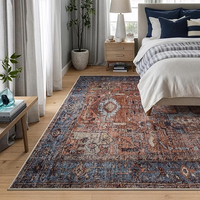Bloom Rugs Washable 9' x 12' Rug - Terracotta/Blue Traditional Area Rug for Living Room, Bedroom, Dining Room, and Kitchen - Exact Size: 9' x 12'
