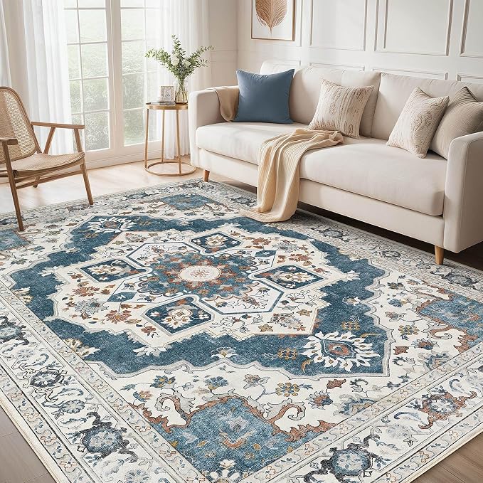 5x7 Washable Area Rug: Vintage Neutral Soft Non Slip Thin Large Floor Carpet for Living Room Bedroom Kitchen Dining Room Home Office Farmhouse Indoor - Blue
